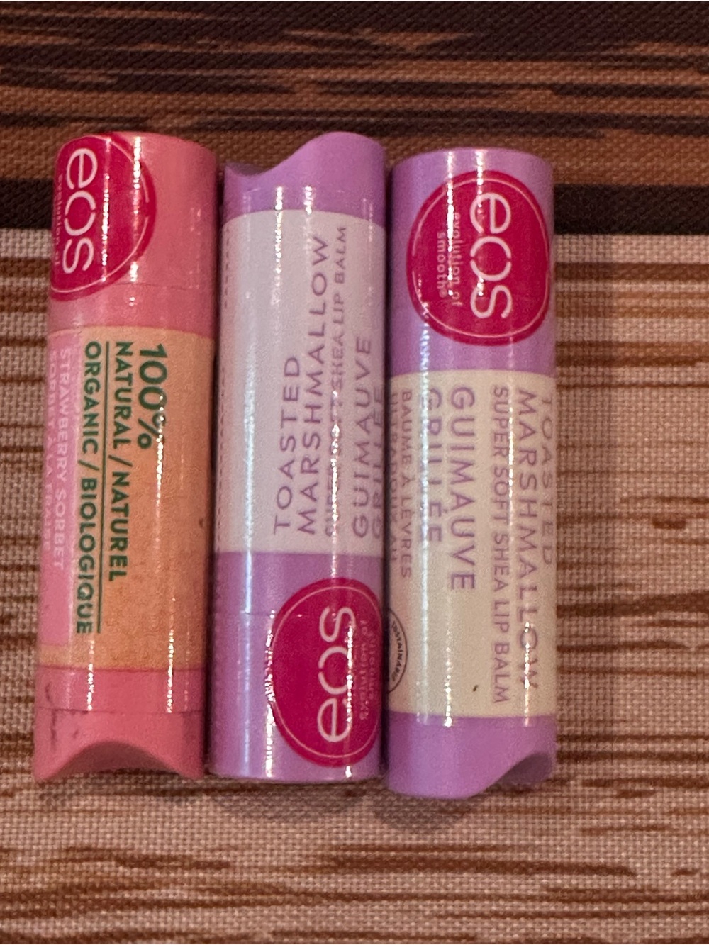 eos Lip Balm Trio toasted marshmallow and strawberry sorbet